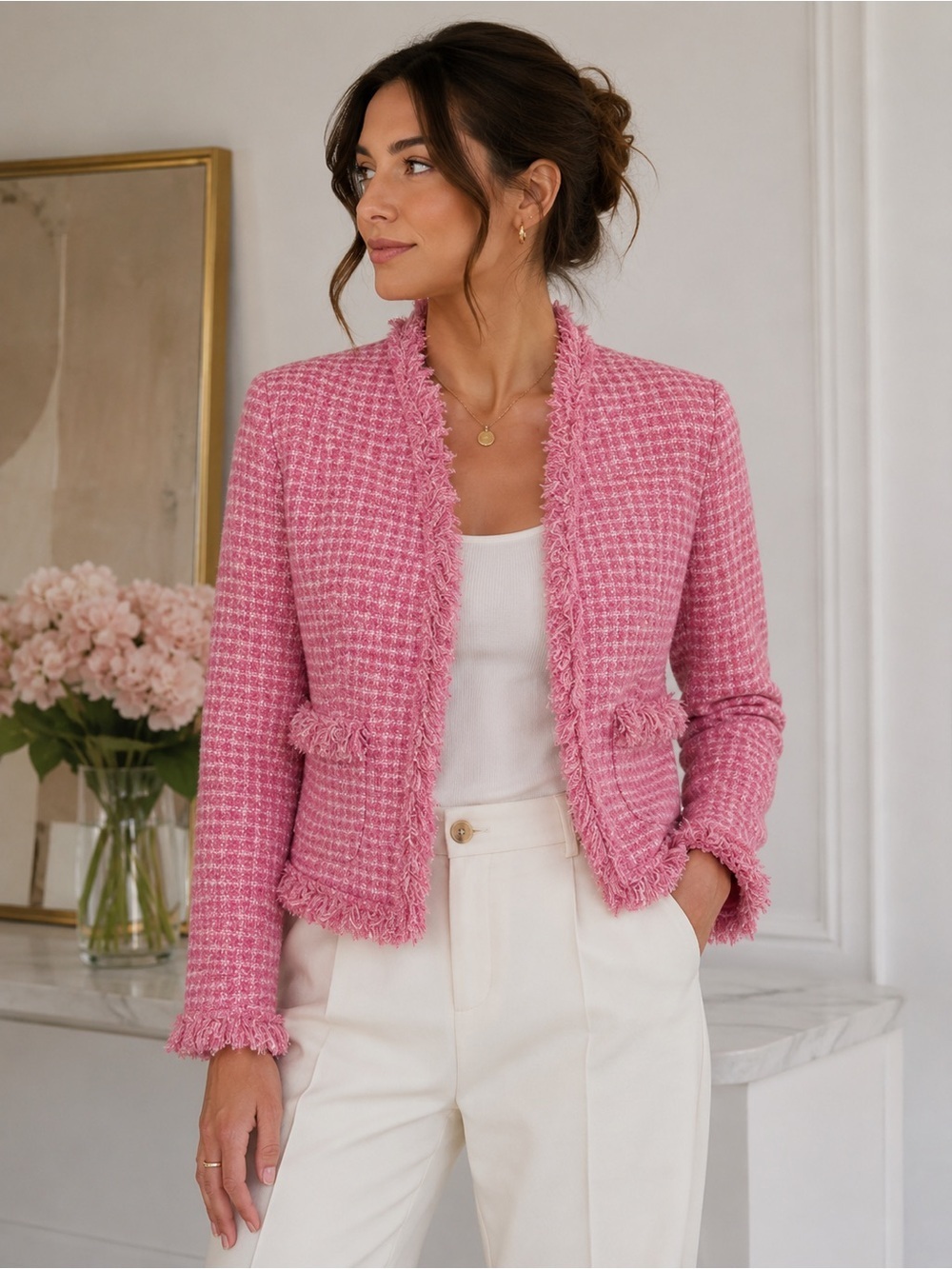 INC International Concepts Pink Tweed Blazer Size 6P Barbiecore Preppy Feminine